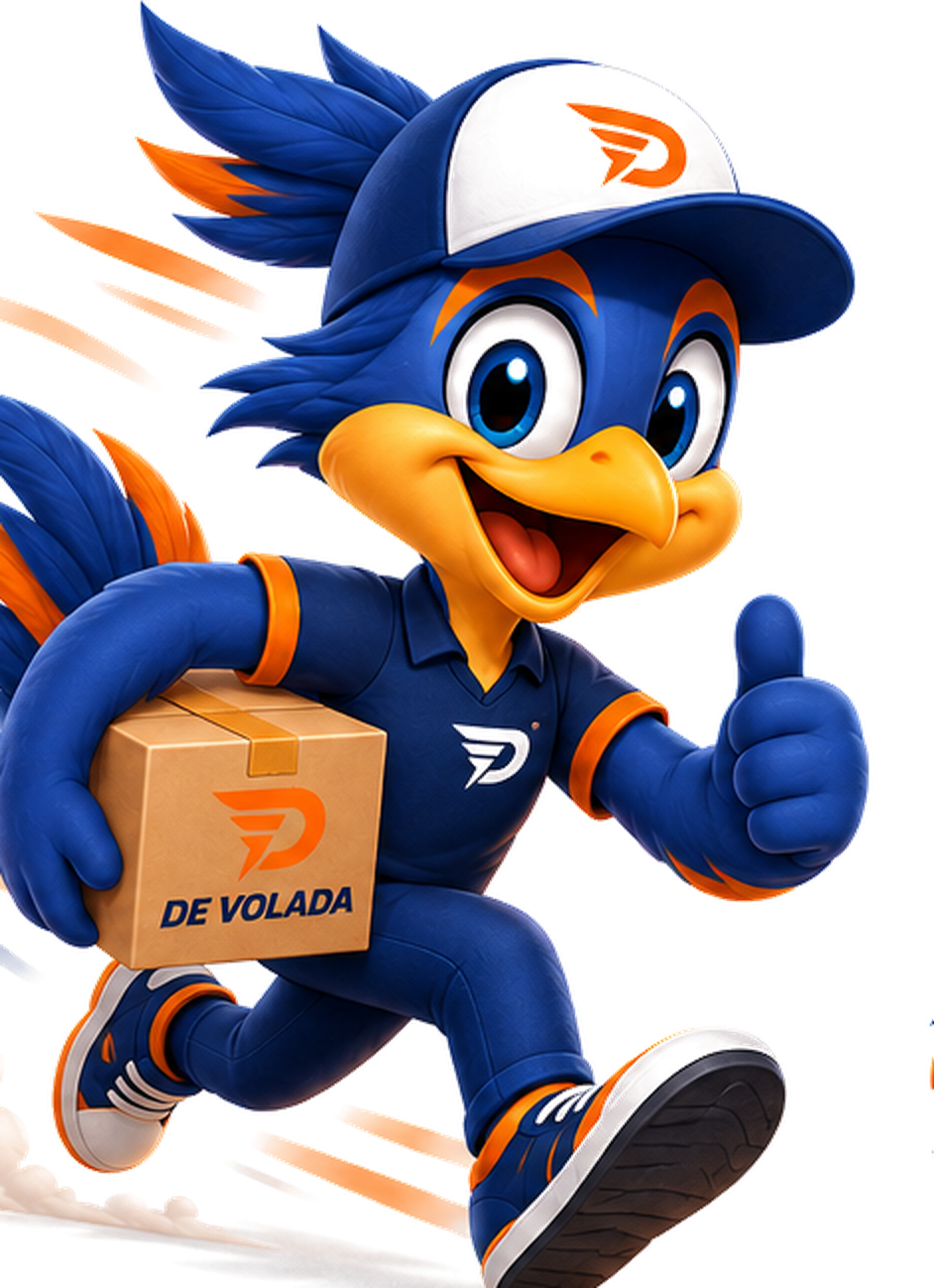 Mascota de De Volada corriendo con un paquete